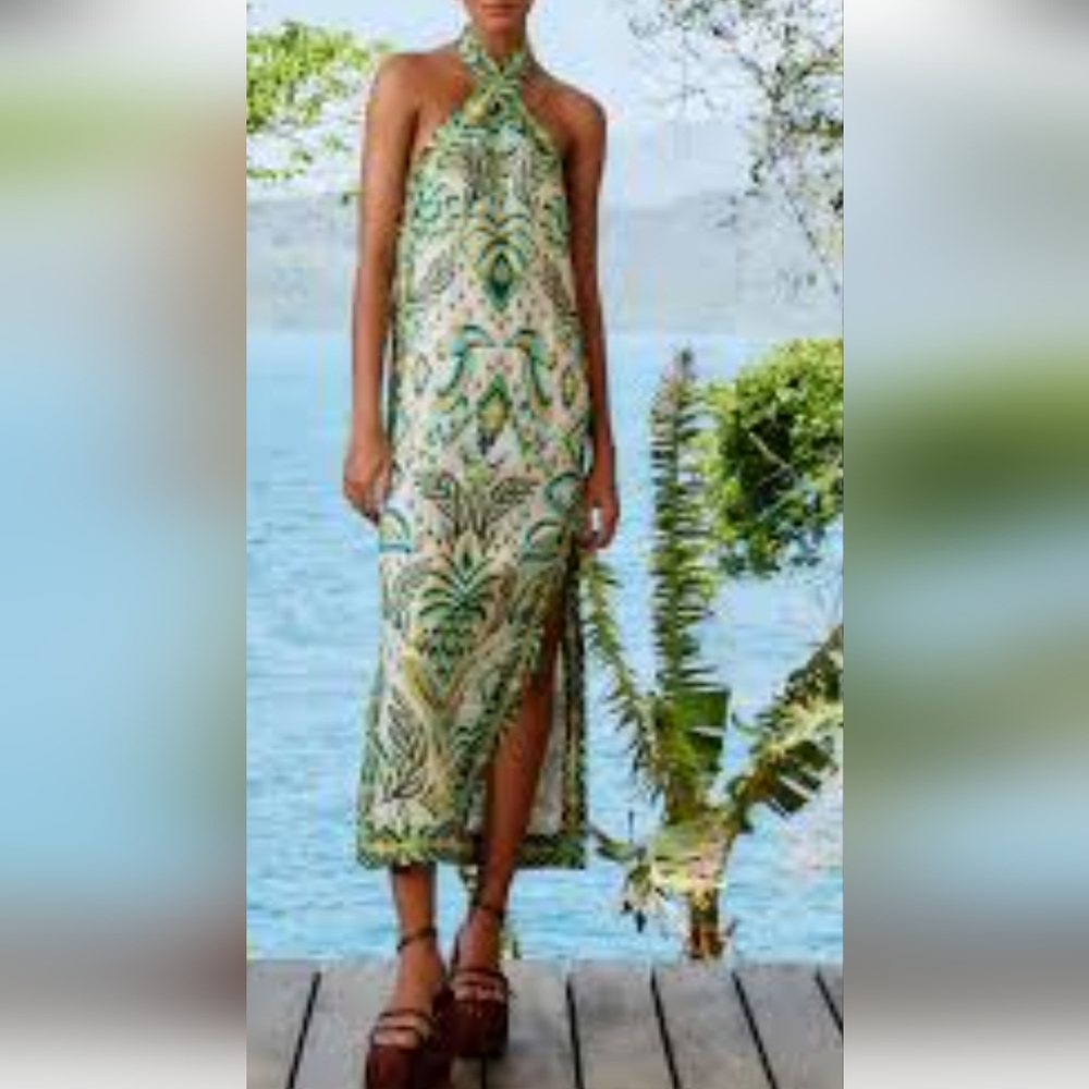 FARM RIO HALTER NECK TROPICAL LINEN MAXI SUNDRESS IN GREEN / SIZE:LARGE - Picture 9 of 16
